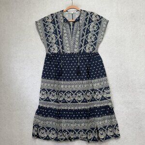 Melissa Nepton Dress Womens XS Navy Boho Block Print Tiered Midi Janelle D3194